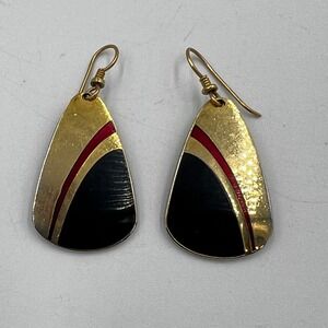 Laurel Burch Abstract Teardrop Earrings Black Red Enamel Signed Vintage